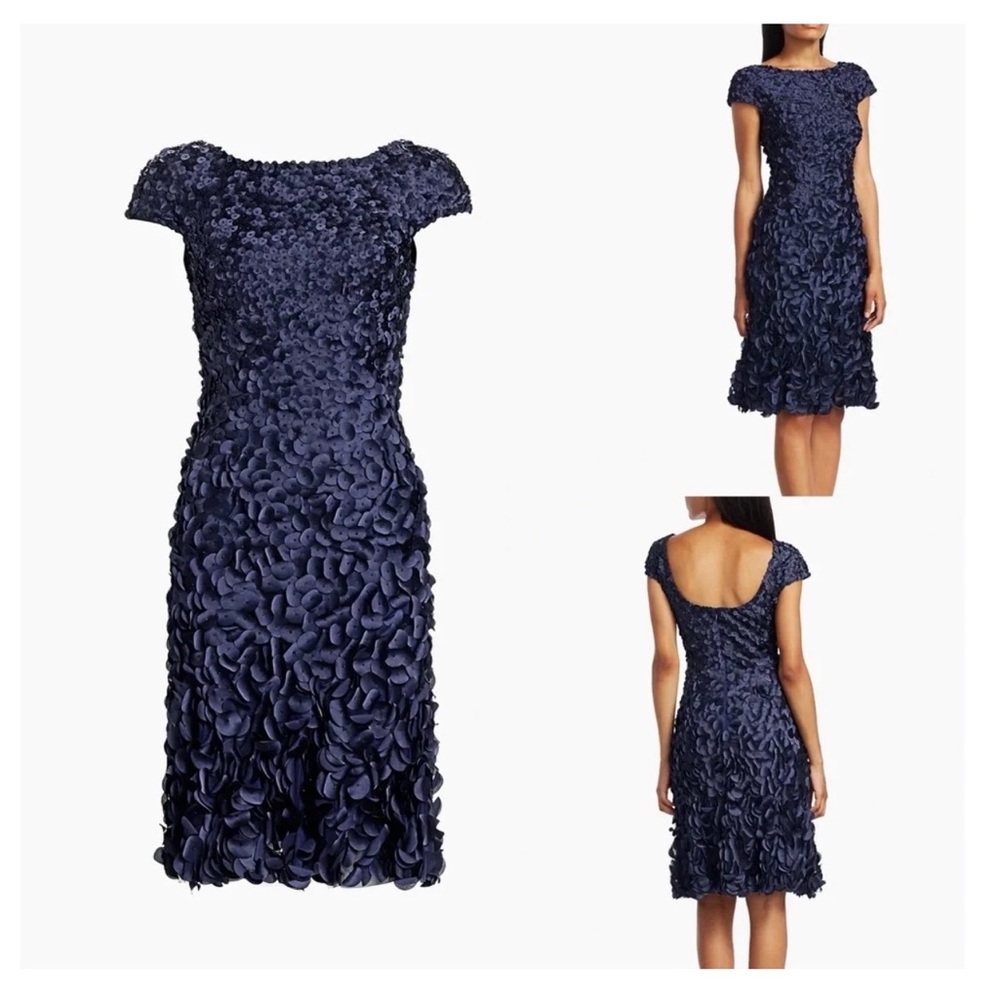 Theia Navy Textured Petal Cocktail Dress